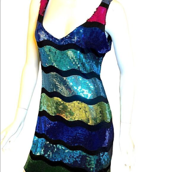 Frederick’s  of Hollywood Bright Color Block Sequin Tank Slip Mini Dress L Neon - Picture 3 of 15